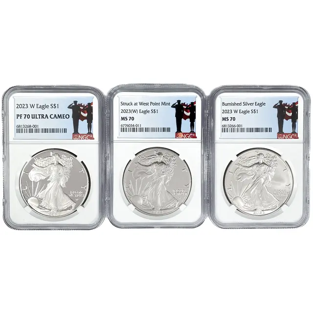 Silver Eagle Warrior 3 Coin Set Proof, Burnished, NGC MS70