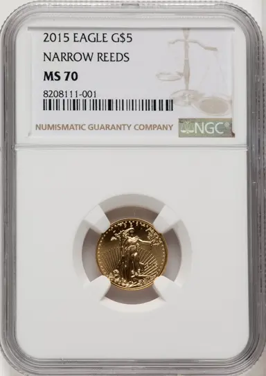 2015 $5 Tenth-Ounce Gold Eagle, Narrow Reeds, MS Brown Label